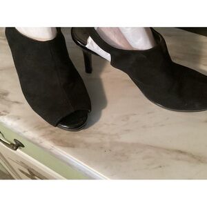 Black suede sling heels with memory foam bed